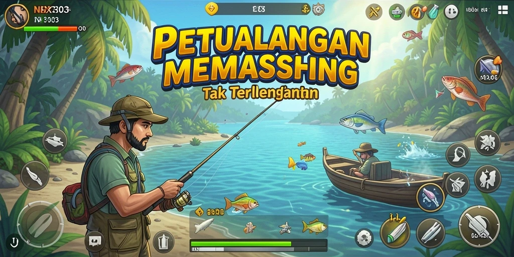 Screenshot gameplay NX303 menunjukkan momen memancing yang mendebarkan.
